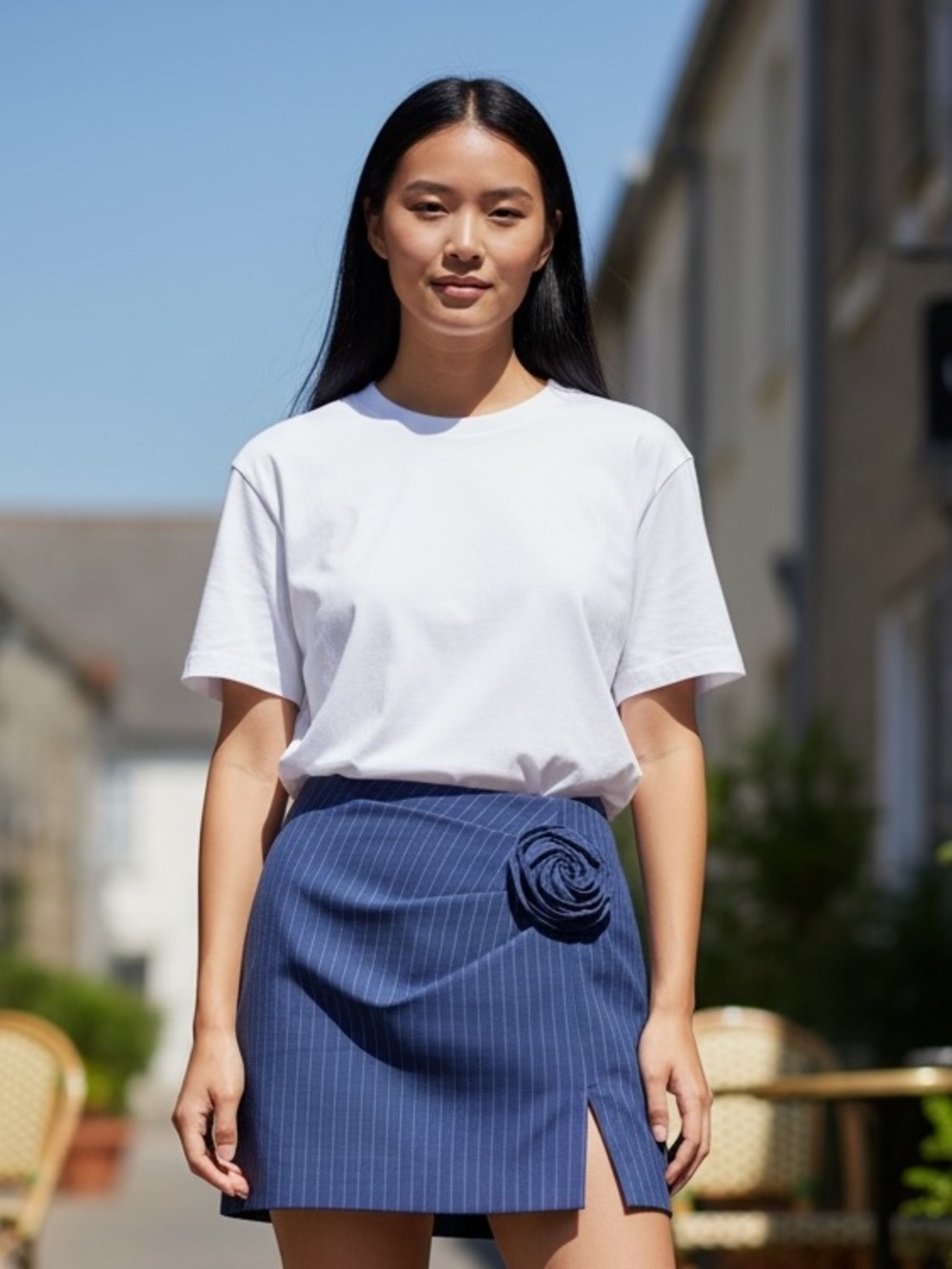 Bardot Navy Pinstripe Mini Skirt with Rosette